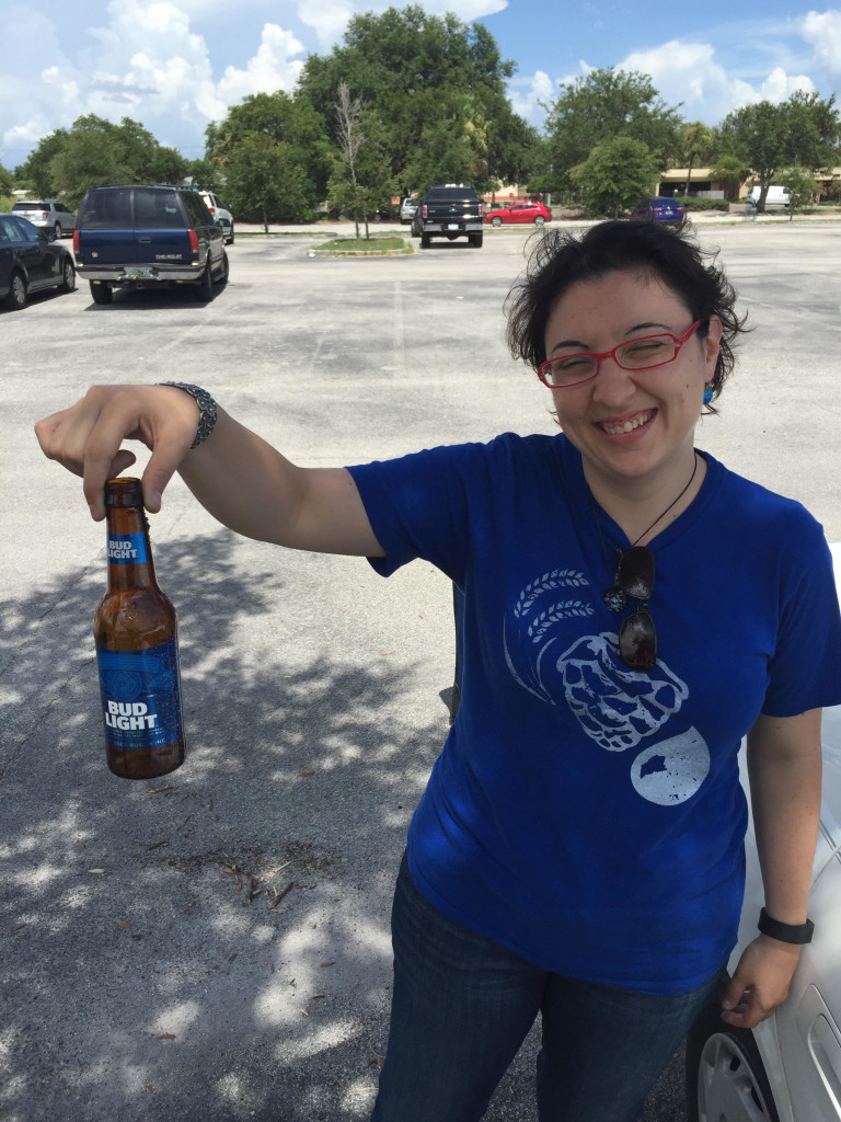 Post conference, Carla Jean Lauter, aka The Beer Babe, slams down one of her favorites after a brewery visit. (Photo by Gerard Walen, who is just kidding)